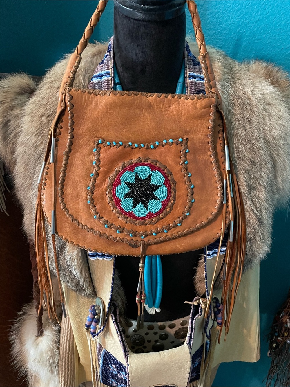 Handcrafted Tan Leather Beaded Crossbody Bag